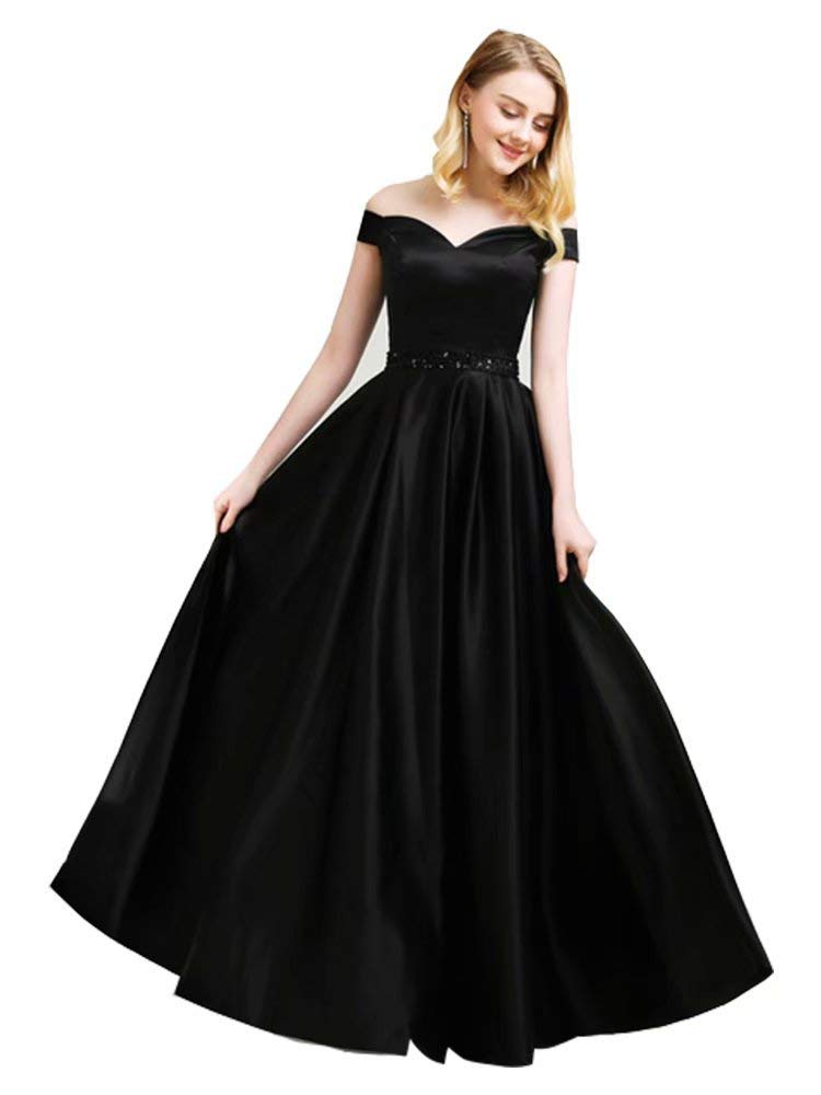 A Line Satin Off The Shoulder Prom Dresses Long with Manual Crystal