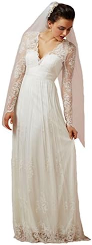 Dearta Women's A-Line V-Neck Lace Long Sleeves Long Wedding Dresses Ivory US 4