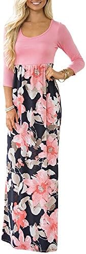 WEANIA Women's Maxi Dress Floral Printed Summer Scoop Neck Casual Dress Elastic Wrist 3/4 Sleeve Tunic Dress for Women (Pink, Large)