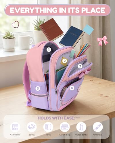 Amythe School Bag for Girls Primary 6-10 Years Old School Backpack Kawaii Lightweight Water Repellent with Reflective Strips, 6 Wheels Trolley for CP CE1 CE2 CM1 CM2, purple, Daypack Backpacks | Sac à Dos École Kawaii Léger Déperlant pour Enfants 6 à 10 ans, 6 Roues Trolley pour CP CE1 CE2 CM1 CM2 - Rentrée / Voyages