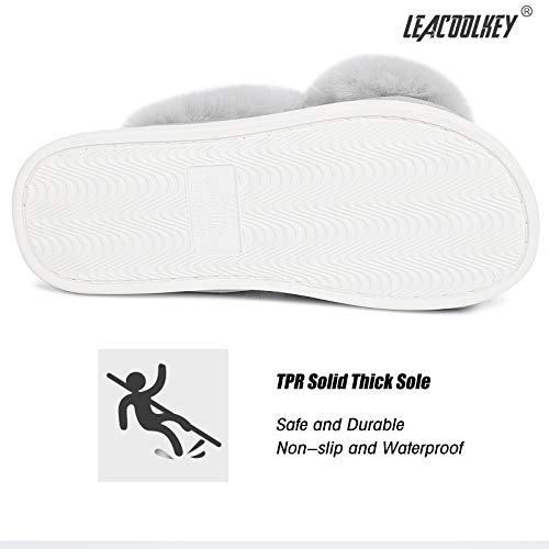LEACOOLKEY Women Cross Band Slippers, Soft Plush Fleece Slippers,Cushioned Memory Foam Furry Cozy Open Toe House Shoes, Indoor Outdoor Faux Rabbit Fur Comfy Slippers