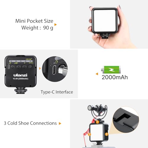 ULANZI VL49 2000mAh LED Video Light w 3 Cold Shoe, Rechargeable Soft Light Panel, Portable Photography Lighting for DJI OSMO Sony DSLR Canon Camera GoPro Vlogging