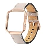 Charberry Luxury Leather Watch Band Wrist Strap+Rose gold Metal Frame For Fitbit Blaze Smart Watch (Beige)