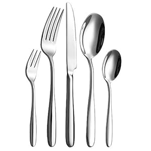 Velaze Juego de Cubiertos, Cubertería de Acero Inoxidable 18/10 Vajilla para 12 Personas, 12 Cuchillos de Mesa, 12 Tenedores, 12 Cucharas, 12 Tenedores de Postre y 12 Cucharas de Té, Plata(60 Piezas)