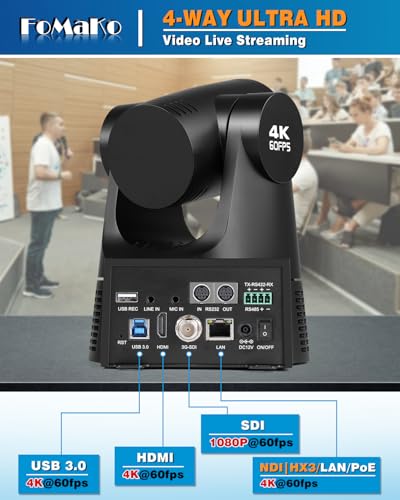 FoMaKo 4K 60FPS NDI HX3 PTZ Camera, NDI Output 4K@60, 20x Optical Zoom, AI Car Tracking, 3G-SDI HDMI2.0 LAN PoE USB3.0, Professional NDI Live Streaming Camera (K600N Black)