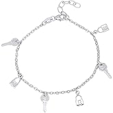 Vanbelle Sterling Silver Jewelry - Rhodium Plated with 925 Stamp - Dangling Lock & Key Charm Bracelet - Beautifully Handcrafted for Women - 6.5" Long + 1" Extender