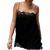 Women Lace Trim Satin Camisole Top Silky Spaghetti Strap V Neck Cami Top Flowy Asymmetrical Going Out Tank Tops