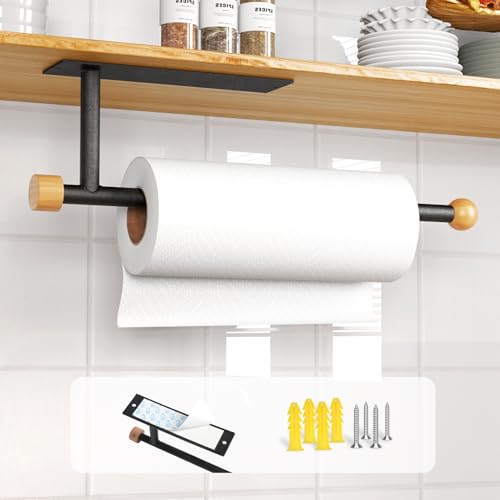Zivacate Kitchen Roll Holder without Drilling, [Wooden Aesthetic Accents] Kitchen Wall Paper Roll Holder, Kitchen Paper Roll Holder, Wall Roll Holder (Matte Black)
