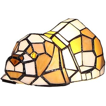 Bieye L10210 Cute Puppy Dog Patiently Waiting for Someone to Play with Tiffany Style Stained Glass Accent Table Lamp Night Light for Bedside Living Room Office Bedroom Animal Pet Lover, Orange