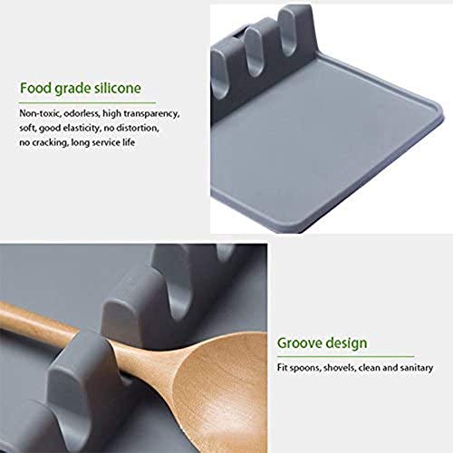 2 PCS Silicone Heat Utensil Rest with Drip Pad for Multiple Utensils, BPA-Free Spoon Holder and Utensil Rest for Stove Top, Grill Kitchen Utensil Holder for Spatulas, Tongs, Ladles (Gray & Black)