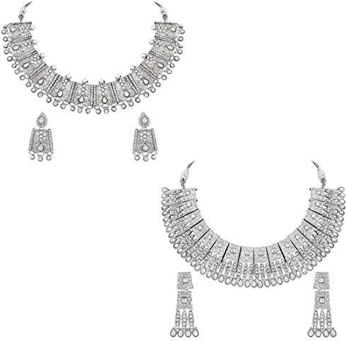 Asmitta Fashion Silver Plated White Stone Necklace Set Combo of 2 for Women