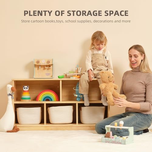 OOOK Montessori Shelving Unit with 5 Compartments Rubberwood 110 cm (43.3 Inches) – 2 Storage Systems – Wooden Wardrobe for Children's Room, Games Room, Nursery, Classroom and Kindergarten