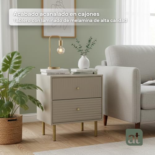 ALTALIA DECO HOME Buró para Recamara Minimalista - Buro de Madera con 2 Cajones amplios Acanalados - Buró de Noche Moderno - Buros Mesa Auxiliar Herrajes Dorados - 48x40x58 cm (Gris) (Gris)