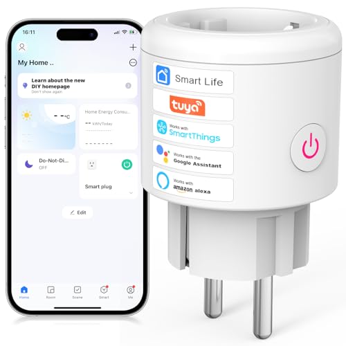 Enchufe Inteligente Wifi con Consumo Electrico, Programador Enchufe Alexa, Tomada Inteligente con Temporizador, Control Remoto por APP & Voz, Compatible con Alexa, Google Home y SmartThings
