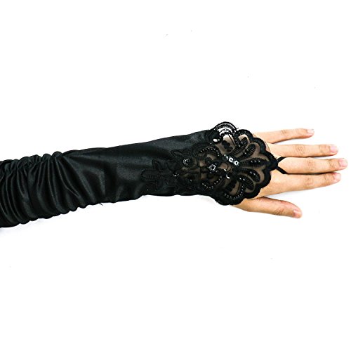 Opera Gloves Long Glove Accessories Flapper Costume Bridal Fingerless Gloves for Women Roaring Accessories Classic Satin Elbow Length Gloves (Black) - Thumbnail 4