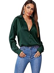 MakeMeChic Women's Satin Silk Long Sleeve Blouse