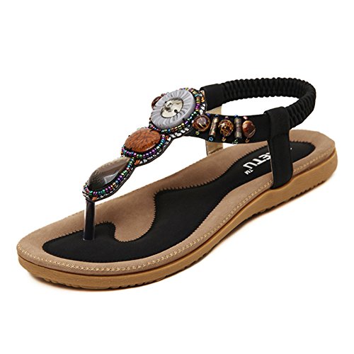 SHIBEVER Summer Flat Gladiator Sandals for Women Comfortable Casual Beach Shoes Platform Bohemian Beaded Flip Flops Sandals Black 7