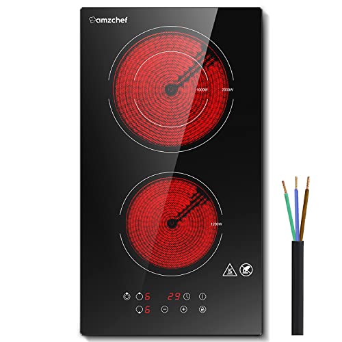 Domino Table De Cuisson Vitrocéramique,Amzchef Double Vitrocéramique Avec En Verre De Cristal Noir Poli,Commande Tactile,Un Verrou De Pour Enfants, Minuterie,Adaptés À Tout Batterie De Cuisine