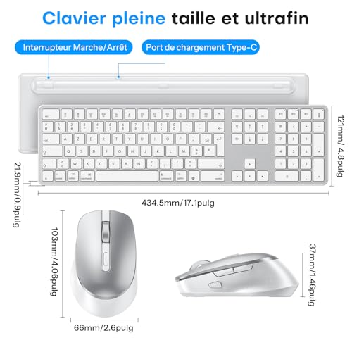 OMOTON Wireless Bluetooth Keyboard and Mouse Kit for Mac, Rechargeable Keyboard and Mouse with 3 Bluetooth Channels for Apple Mac Pro/Mini, MacBook Pro/Air, iMac, iMac Pro, French AZERTY, Silver
