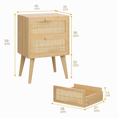 YAUKOMEL Scandinavian Bedside Table, Rattan Nightstand, 2 Drawers in Rattan, Side Table, Wooden Night Table, Sofa End with Wooden Handle for Living Room, Bedroom, Office, Natural DECTG59Y