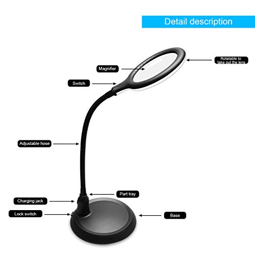 Nomiou Magnifying Glass Lamp,5X Magnifier LED Light and Flexible Neck