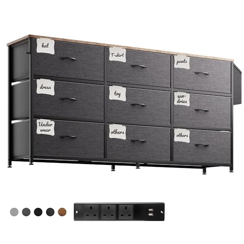PURFINO Fabric Chest of Drawers - Large TV Stand for 43-65 Inch with 9 Drawers, Label Cards, Side Pocket and Hook, Dresser for Living Room, Hallway, Bedroom