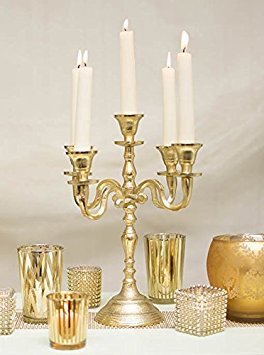 Gold Candelabra Taper Candle Holder, Centerpiece Table Decor, 15 Inches Tall, Distressed Brass Metal Candelabra - Thumbnail 2