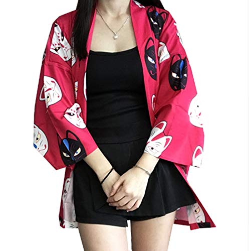 Japanese Kimono Printed Bat Sleeve Loose Cardigan Sun Protection Cosplay Costumes Black/Red,Red,One Size - Thumbnail 6