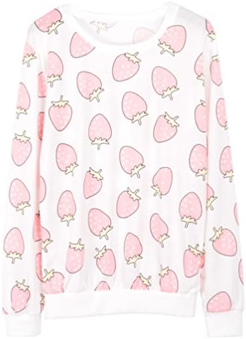 Focal20 Women Long Sleeve T-shirt Cute Strawberry Print Sweatshirt Casual Pullover Tops Kawaii Cartoon Graphic