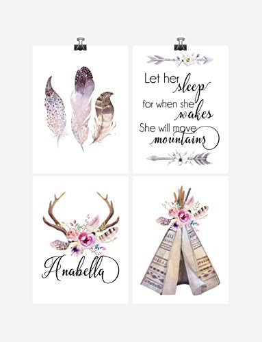 Personalized Boho Tribal Watercolor Nursery Wall Art Print Set of 4 - Let Her Sleep For When She Wakes She Will Move Mountains