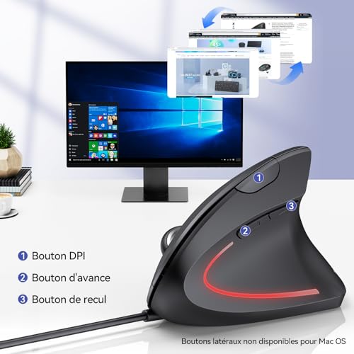 TECKNET Wired Ergonomic Mouse, 6400 DPI Wired Vertical Mouse, USB Cable 1.5 m, 6 Buttons for PC, Computer, Laptop, Mac – Black