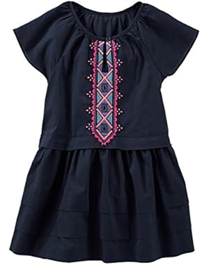 Girl Short Sleeve Embroidered Tiered Dress; Navy & Pink (2T)