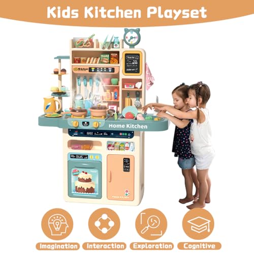 87PCS Kids Kitchen Playset with Light & Sound Simulation of Spray Sink | Mini Toddler Cooking Pretend Play Toy With Kitchen Appliances, Fruit, Vegetable, Ideal Gift For Children Girls Boys