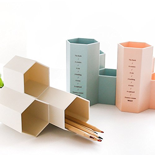 Buyeverything Multipurpose Plastic Pen Holder Cup Stand Pencil Pot Holder Container Organizer Desktop Hexagon Vase Pens,Utensils,Office Supplies Caddy,Multipurpose Cosmetic Brush Storage Box (White)