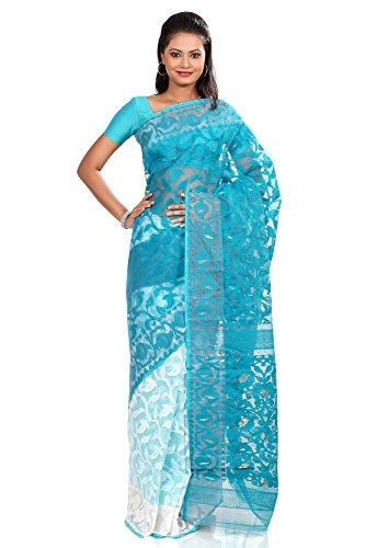 B3Fashion Women's Traditional Ethnic Pure Dhakari Jamdani Silk Saree, Sea Blue