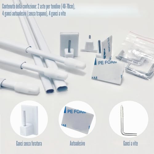 2 Pieces Glass Curtain Rods Extendable Curtain Rods Without Drilling for Shops, Cabinets, Windows, Kitchens, DIY Projects(40-70 cm, White)