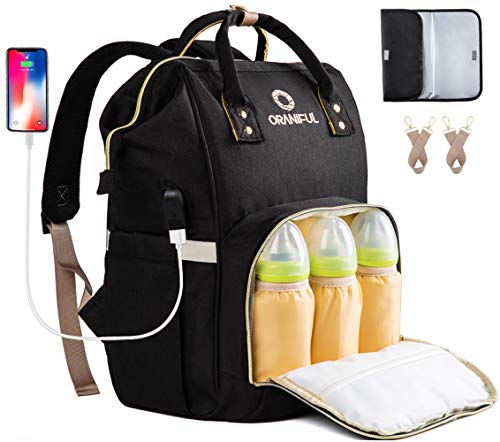 ORANIFUL Diaper Bag Backpack for Mom Waterproof Baby Nappy Bags Insulated Bottle Pockets Large Multi-Functional Travel Back Pack Built-in USB Charging Port with Changing Pad & Stroller Straps (Black)
