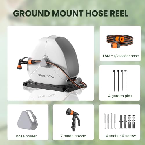 Giraffe Tools Retractable Hose Reel with 30M, Heavy Duty Ground Mount Garden Hose Reel, with 7-Function Sprayer Nozzle & Flexible Swivel Base