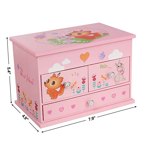 SONGMICS Ballerina Music Jewelry Box for Little Girls 3 Drawers Lovely Rabbit and Fox Pink UJMC004