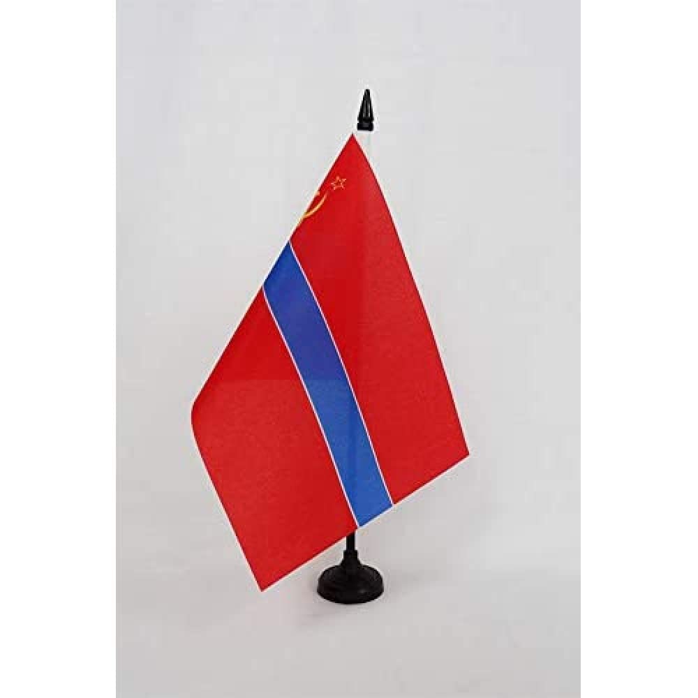 AZ FLAG Uzbek Soviet Socialist Republic Table Flag 5'' x 8'' - Uzbekistan SSR Office Decoration 100% Polyester 21 x 14 cm - Mini Desk Flag with Pole and Black Plastic Base