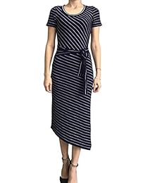 Mini vestido casual de manga corta para mujer, con cuello redondo, a rayas, de encaje