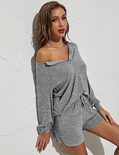 ZHENWEI Women Long Sleeve Sweatsuit Sets Knit Tracksuit 2 Piece Casual Outfit Sets Henley Neck Pajamas Set Lounge Sets with Pockets Light Gray S