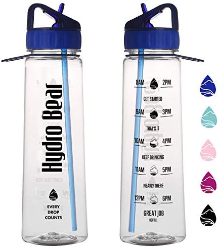 Hydro Bear 30oz / 20 oz Motivational Fitness Sports Water Bottle with Time Marker, Measurements, Drink More Water Daily, BPA Free Tritan with Flip Straw, for Outdoors Camping Hiking Cycling
