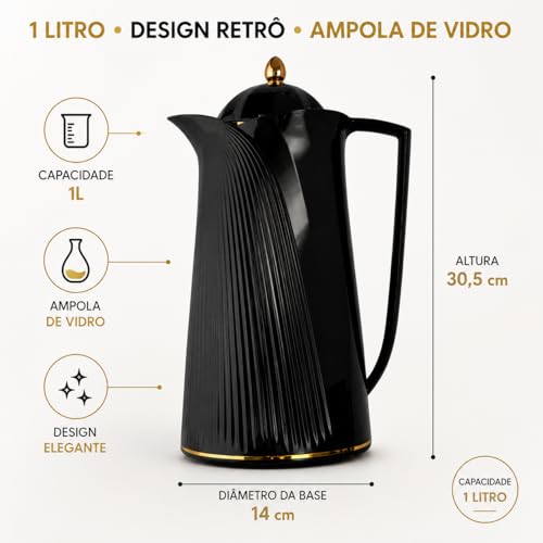 Garrafa Térmica Preta 1L Retrô com Ampola de Vidro Design Elegante Vintage para Café Chá Mesa Posta Luxo