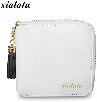 XIALATU Womens Zipper Clutch Genuine Leather Tassel Square Coin Short Wallet(White-Black Zip)
