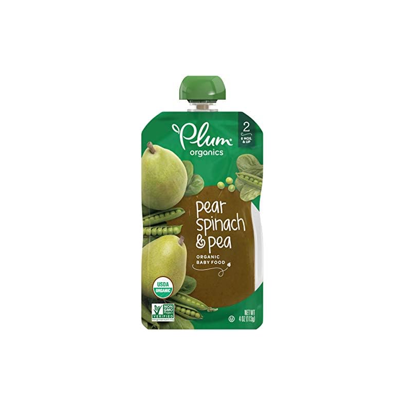 Plum Organics | Stage 2 | Organic Baby Food Meals [6+ Months] | Pear, Spinach,& Pea | 3.5 Ounce Pouch (Pack Of 12)