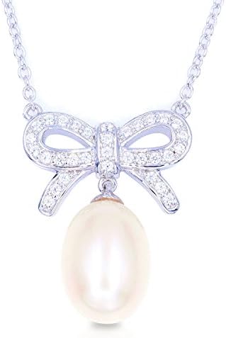 SWHITE Manual Mosaic Bow Pendant Necklace Freshwater Cultured Pearl 925 Sterling Silver Cubic Zircon