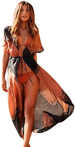 Women's Beachwear Cover up Floral Cardigan Kimono Swimwear Blouse Shawl Wrap (X-Large, QJ13-Brown)