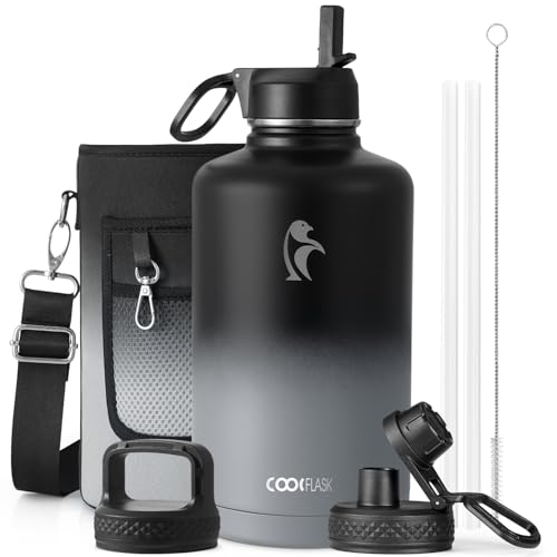 Coolflask 2572 ml Wasserflasche mit wiederverwendbarem Strohhalm und Ausgießdeckel, Vakuum-Edelstahl-Wasserkrug mit breiter Öffnung, schweißfest, BPA-