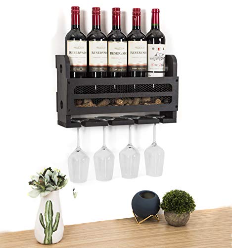 SODUKU Wall Mounted Wooden Wine Rack 5 Wine Bottles and 4 Stem Glasses Holder Wine Cork Storage Rack Espresso - Thumbnail 2